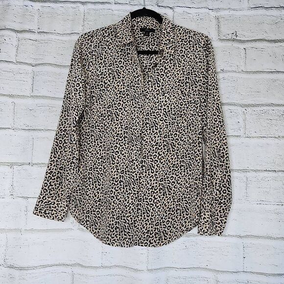 J Crew Silk Button Down Long Sleeve Cheetah Print Shirt Blouse Womens Size 8 - Picture 1 of 14